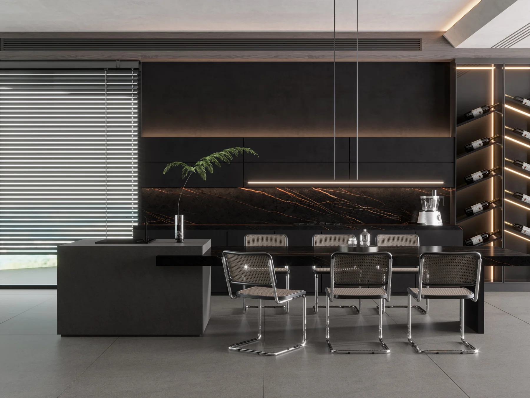 Donker interieur waarin steen als materiaal voor een keuken is toegepast